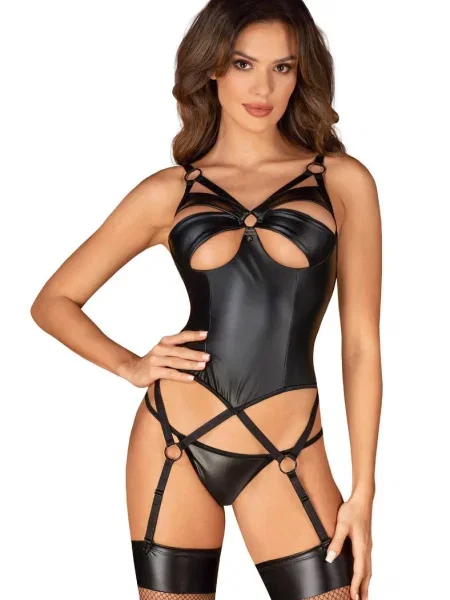 Латексний корсет з пажами и трусики стринг Комплект_Obsessive_Armares_corset чорні