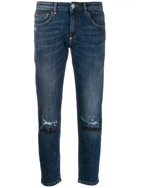 Blugi drepți Philipp Plein cu broderie albastru