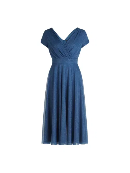 Sukienka koktajlowa z efektem błyszczącym i dekoltem w serek Vera Mont niebieska