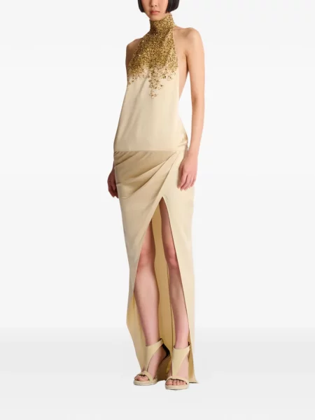 Rochie maxi Balmain cu broderie de mătase cu gât halter