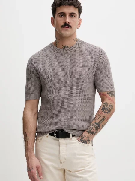 Sweter z dzianiny o kroju relaxed fit z czystej bawełny model SAFFON' Hugo beżowy