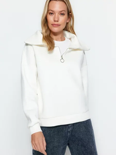 Hanorac din fleece Trendyol din fleece cu guler înalt alb