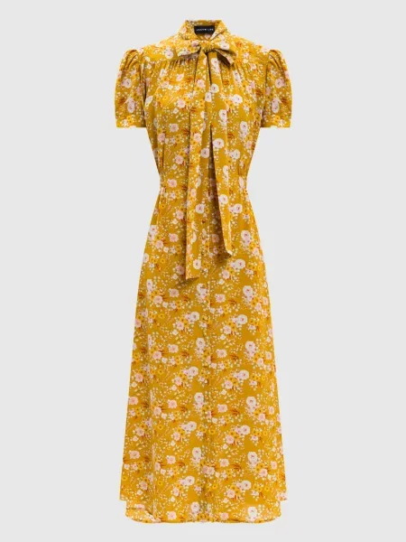 Шелковое ошейниковый цветочное платье Jacob Lee с принтом желтое