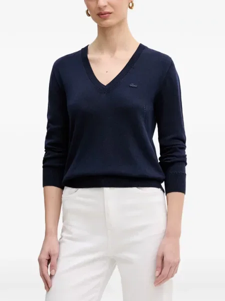 Pulover Lacoste cu decolteu în V cu autograf albastru