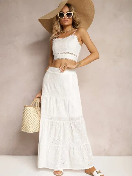 Boho Komplet Top z Haftowanej Tkaniny Spódnica z Gumką w Talii i Falbanką Worpia biały