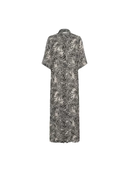 Lniana wielobarwność sukienka Kaffe w piórka szara