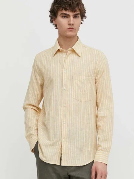 Košile s příměsí lnu Samsoe Samsoe LIAM regular s klasickým límcem žlutá