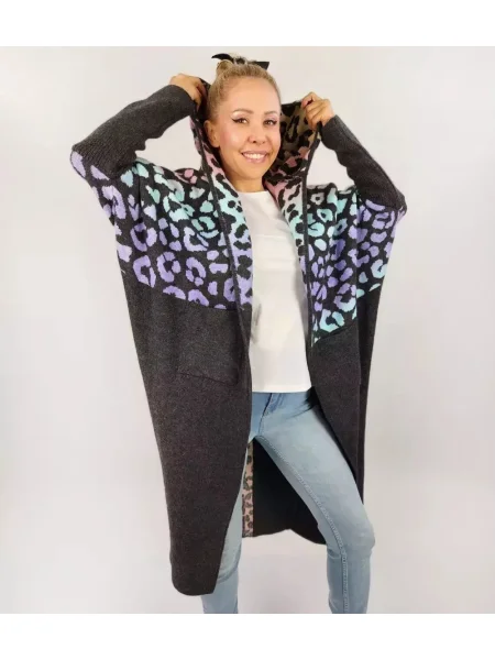 Cardigan Pri de lână cu model leopard lung negru