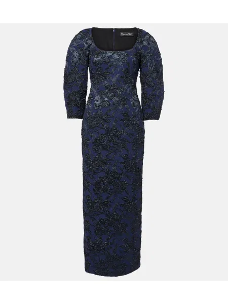 Cvetlična obleka Oscar De La Renta s cvetličnim vzorcem iz žakarda modra