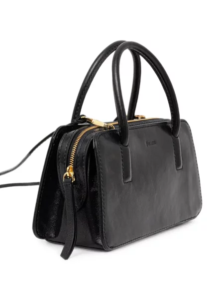 Кожена шопинг чанта Pollini с автограф черно