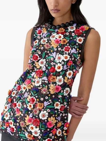 Top Carolina Herrera cu broderie fără mâneci cu model floral negru