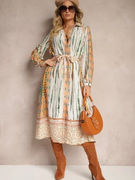 Rochie Cămașă Cu Legătură În Talie Decorată Cu Imprimeu Abstract Nilima bej