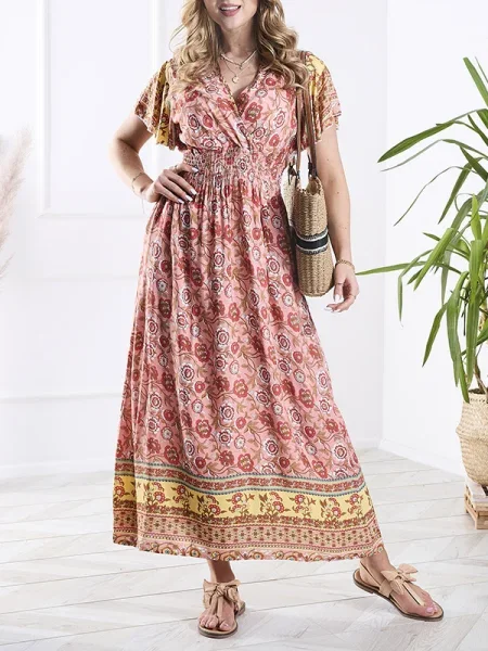 Rochie maxi Resti cu model floral de costum galben