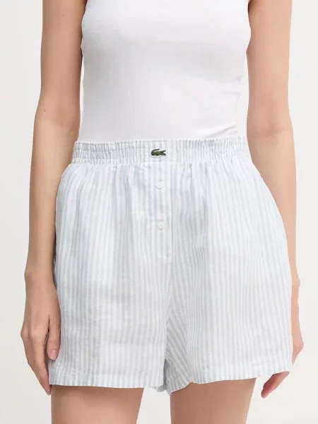 Ленен къс панталон Lacoste с десен с висока талия синьо