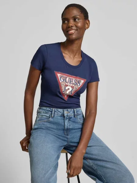 T-shirt z logo i okrągłym dekoltem Guess granatowa