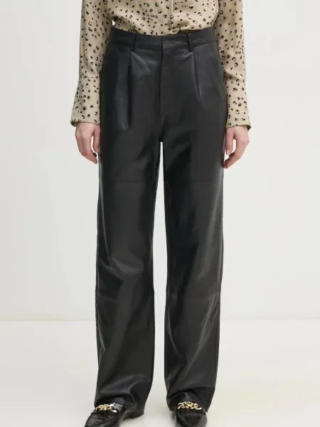 Joop! pantaloni de piele Lorena femei drept high waist negru