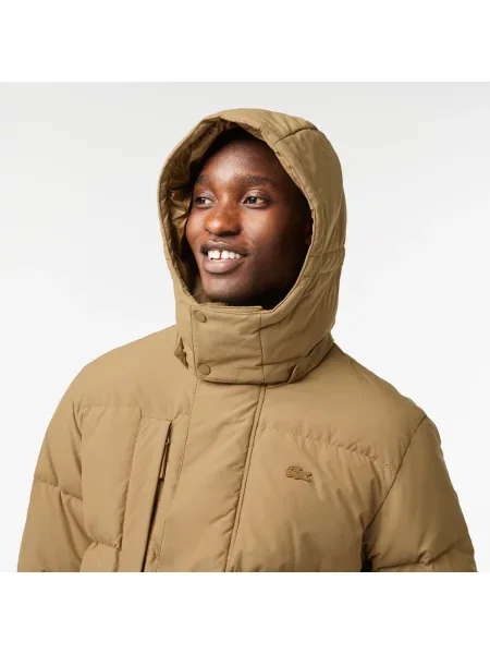 Lacoste Kurtka Puchowa Z Odpinanym Kapturem Midi brązowa