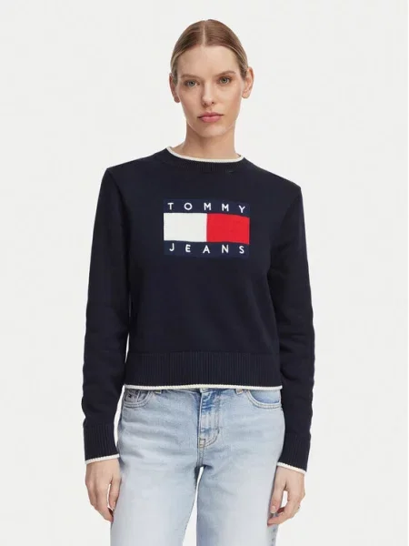 Tommy Jeans Megztinis Intarsia Flag Badge Tamsiai mėlyna