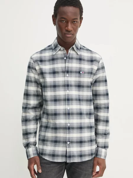 Риза Tommy Jeans мъжка със стандартна кройка с класическа яка тъмносиньо