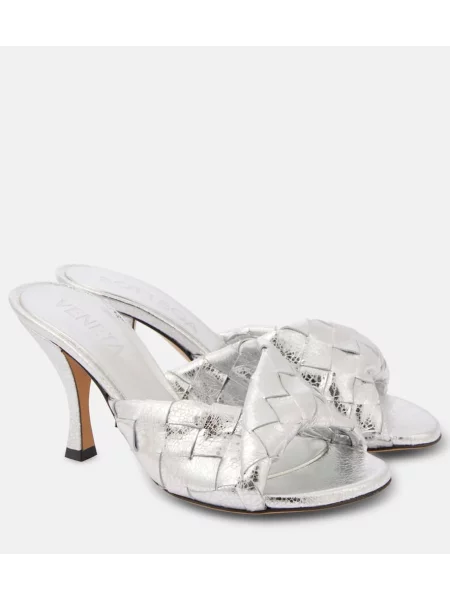 Papuci tip mules Bottega Veneta din piele argintiu
