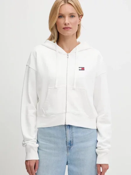 Суичър с качулка Tommy Jeans с качулка с апликация бяло