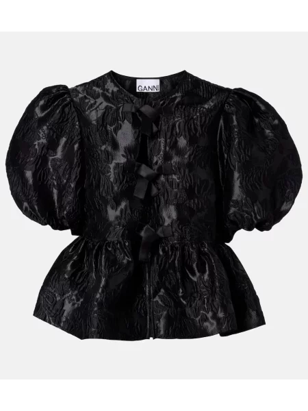 Bluză Ganni cu funde din satin cu model floral negru