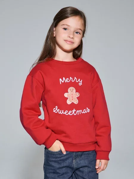 Sinsay Vánoční mikina s perníčkem a nápisem „Merry Sweetmas“ červená
