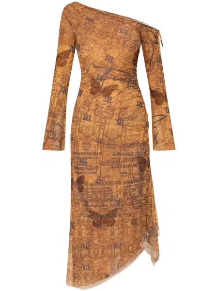 Sukienka midi Misbhv z nadrukiem w abstrakcyjne wzory do kolan brązowa