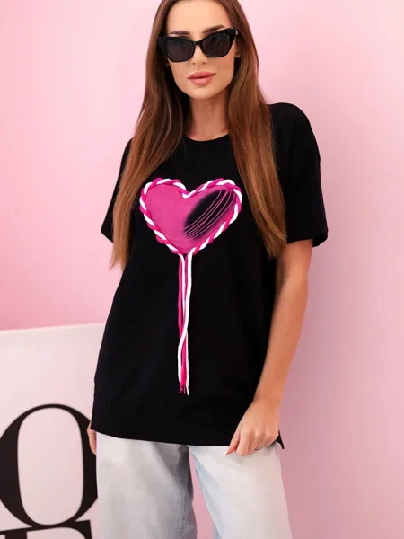 Tricou Kesi cu franjuri cu motiv cu inimi negru