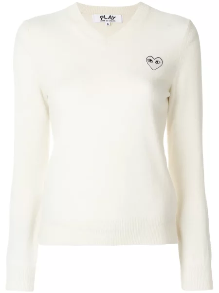 Pulover Comme Des Garcons Play cu decolteu în V alb