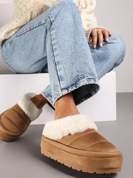 Ghete de zăpadă deschis slip-on pe platformă decorate cu blană Sinthiana maro