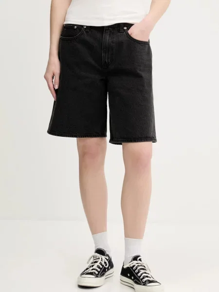 Abercrombie & Fitch szorty jeansowe gładkie high waist czarny