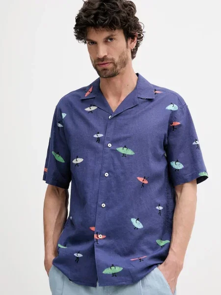 Lanena srajca United Colors of Benetton mornarsko modra