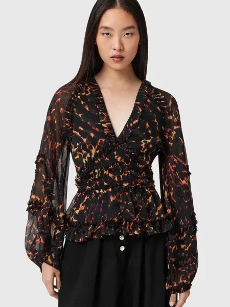 AllSaints bluză cu imprimeu maro