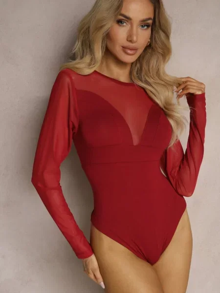 Body z Transparentnymi Wstawkami i Zapięciem na Haftki Maivia bordowe