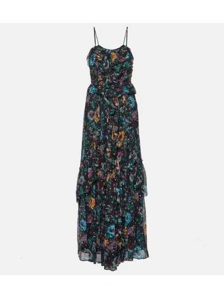 Rochie maxi Ulla Johnson de mătase cu volane de costum negru