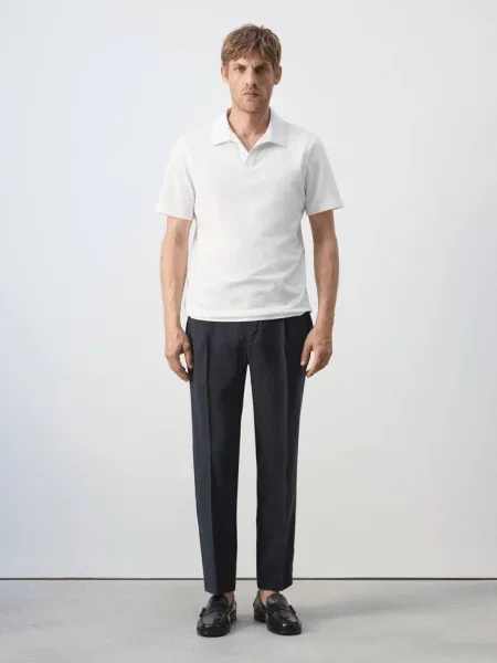Koszulka polo slim fit z piki z mieszanki bawełny Mężczyzna XS MANGO MAN biały