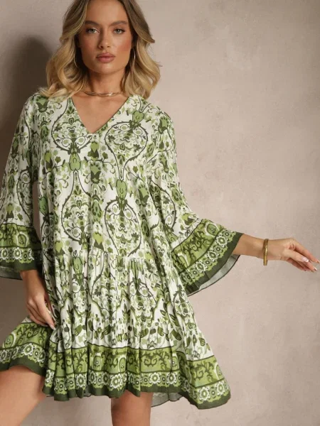 Sukienka z Wiskozą o Rozkloszowanym Kroju w Etniczny Print Aledia zielona