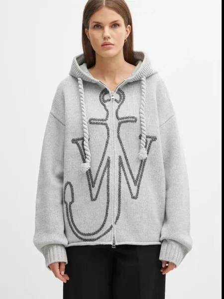 JW Anderson cardigan din lână Anchor Embroidery Zipped călduros gri