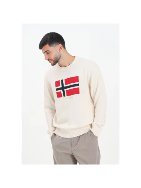 Dzianinowy sweter Napapijri z dekoltem w kształcie litery U beżowy