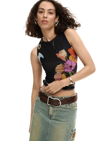 Top Desigual fără mâneci cu model floral negru