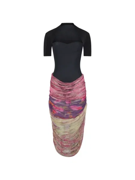 Rochie midi Marine Serre cu model floral drapată până la genunchi negru