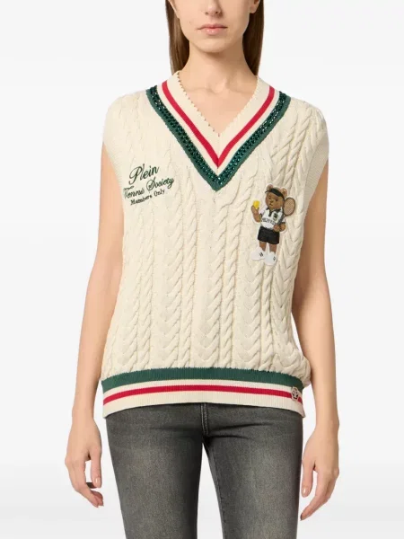 Haftowana dzianinowa kamizelka dzianinowa Philipp Plein z dekoltem w serek