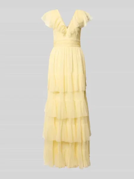 Sukienka maxi z dekoltem w serek i paskiem w talii Lace & Beads żółta