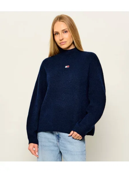 Pulover Tommy Jeans cu guler înalt albastru