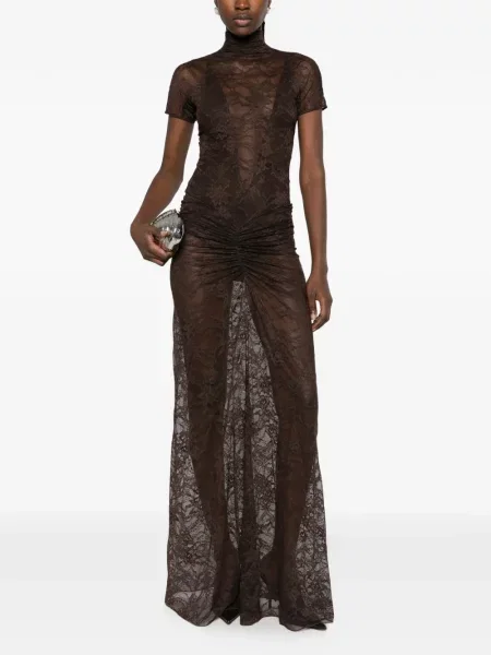 Rochie maxi The Andamane cu volane din dantelă maro