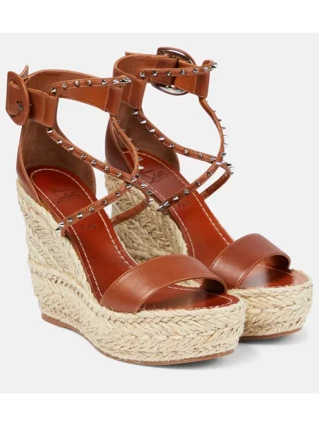 Kožené espadrilky Christian Louboutin na klínovém podpatku hnědé