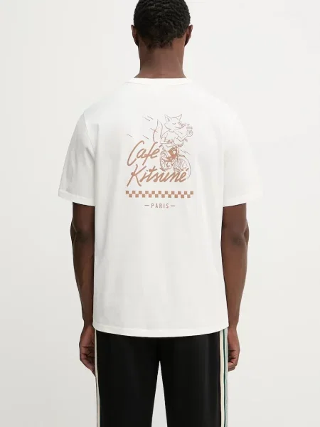 Café Kitsuné tricou din Biking Barista Fox Relax cu imprimeu bej