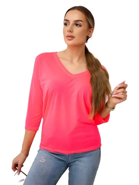 Neonová halenka s výstřihem do V růžová
