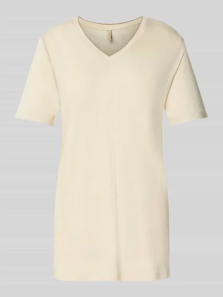 T-shirt z prążkowanym dekoltem w serek model ‘EMEL’ Soyaconcept beżowa